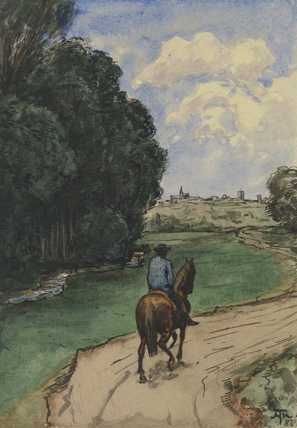 Am Waldesrand. Reiter auf einem Wege, bildeinwärts fine artwork