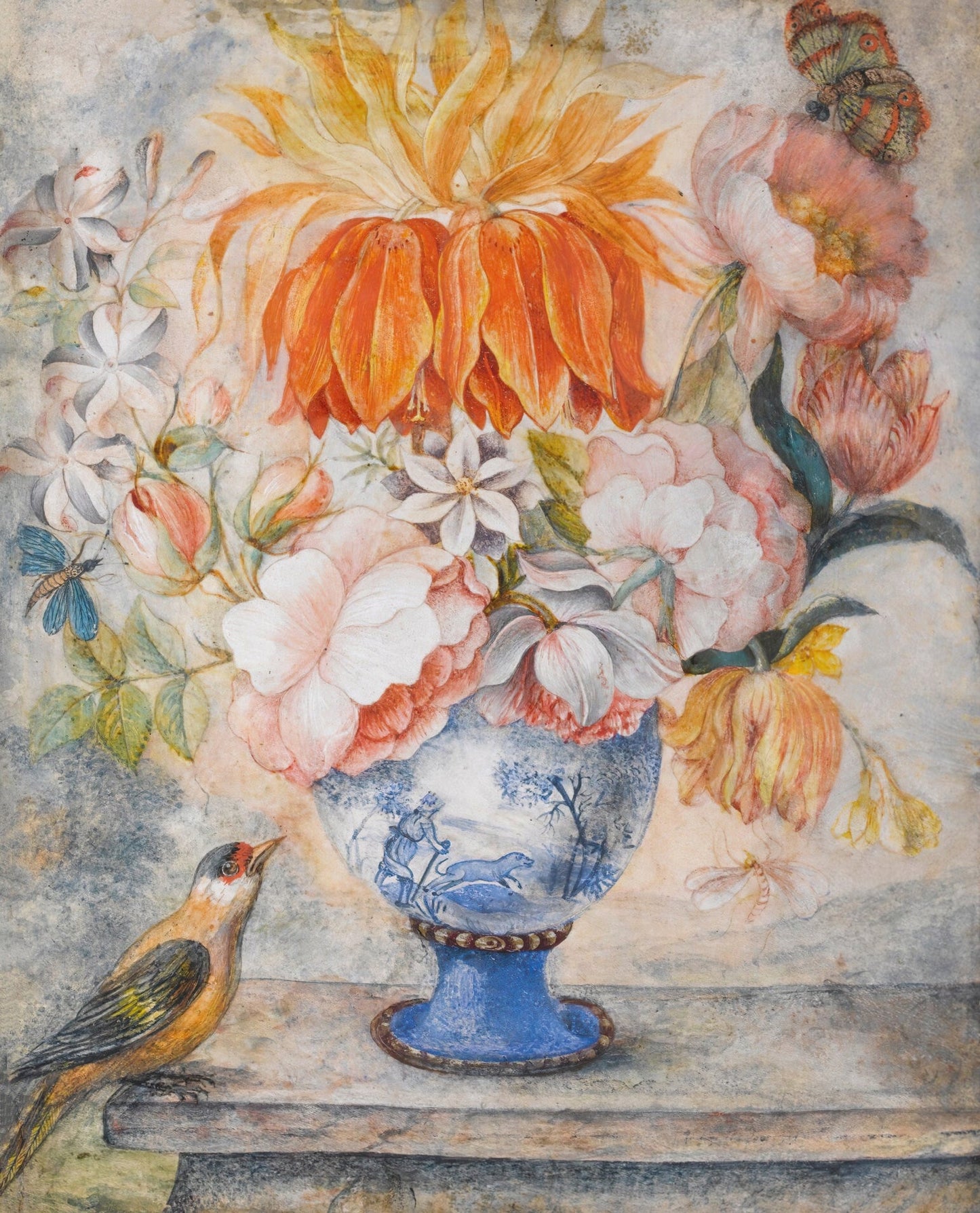 Still Life Of Flowers In A Blue Decorative Vase With A Bird Perched Beside On A Ledge fine artwork