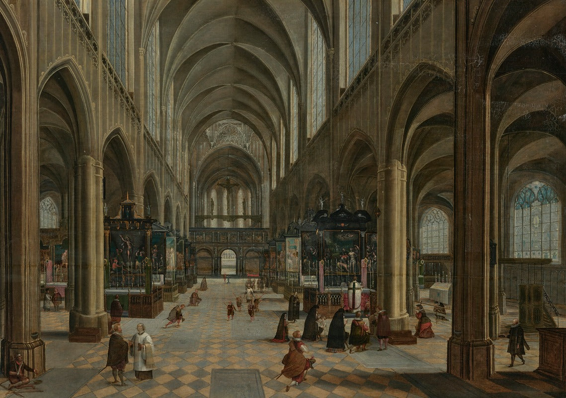 The Interior of Antwerp Cathedral with Figures Attending Mass