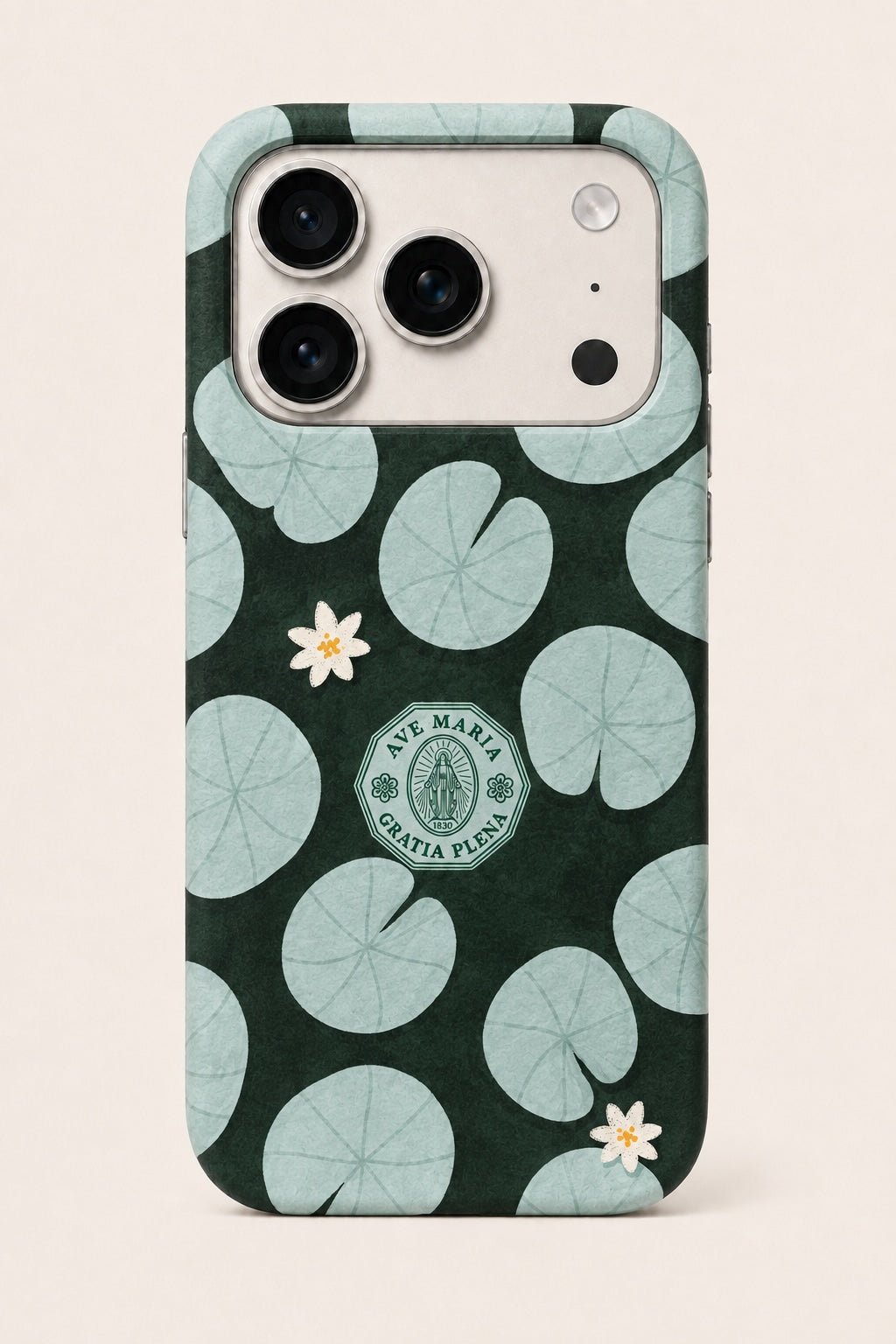 Lily Pond MagSafe phone case with blue lily pads, ivory flowers, and an Ave Maria emblem