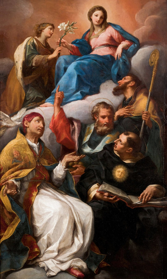 The Virgin of the Immaculate Conception with Saints Catherine of Alexandria Augustine of Hippo Nicholas of Bari Nicholas of Tolentino and Gregory the Great by Circle Of Carlo Maratta