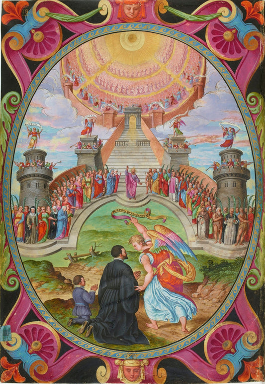 Magius et Son Fils Devant l’Escalier Celeste Dont Les Premieres Marches Sont Occupees Par Jesus Christ Les Saints et Les Saintes Les Anges Les Archanges by Anonymous