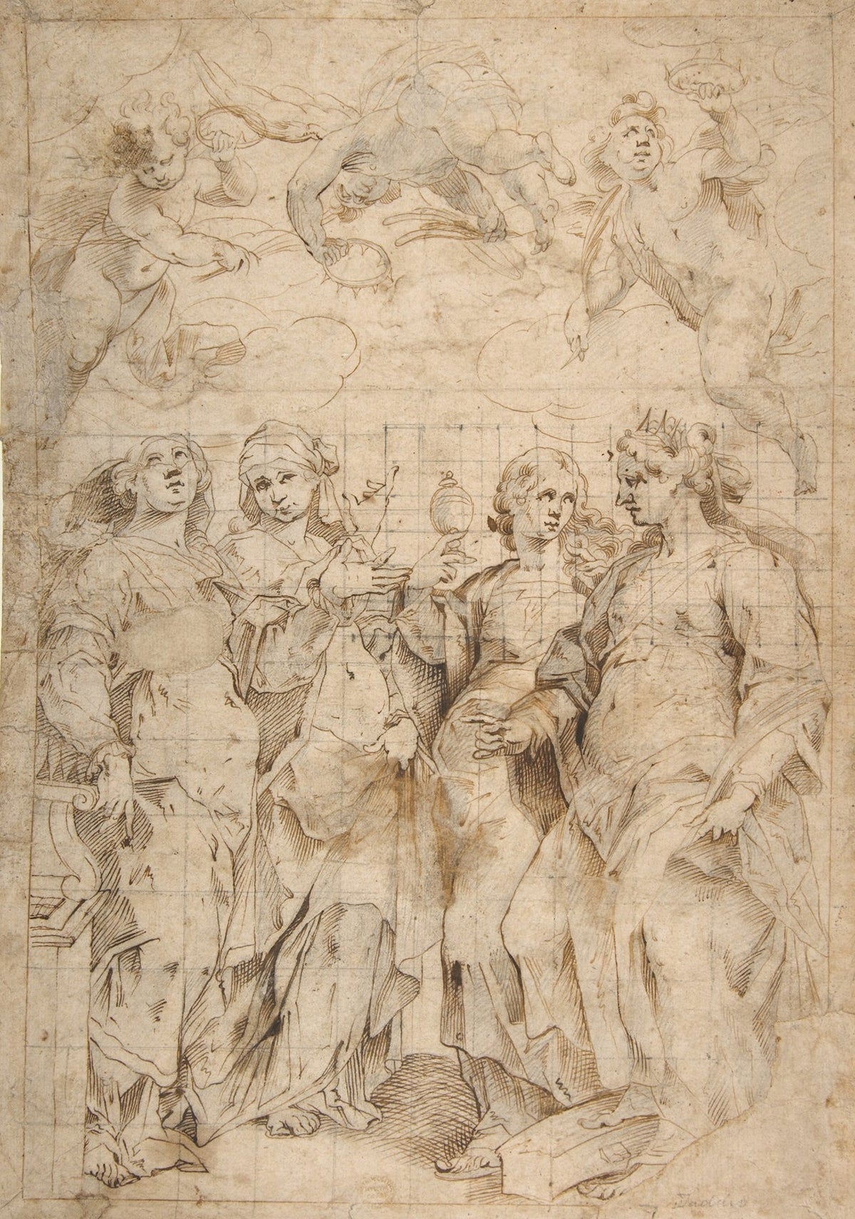 Saint Cecilia Saint Mary Magdalen Saint Catherine of Alexandria and Saint Agnes Angels with Palm Branches and Crowns Above by Panfilo Nuvolone