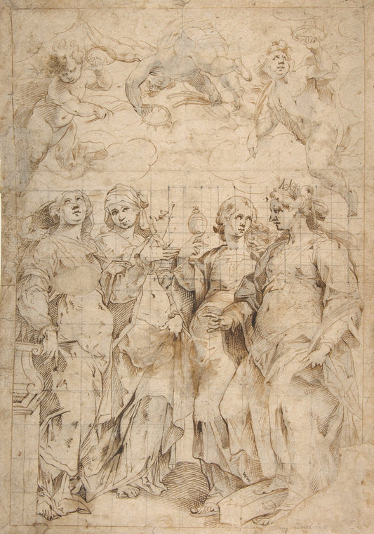 Saint Cecilia Saint Mary Magdalen Saint Catherine of Alexandria and Saint Agnes Angels with Palm Branches and Crowns Above by Panfilo Nuvolone