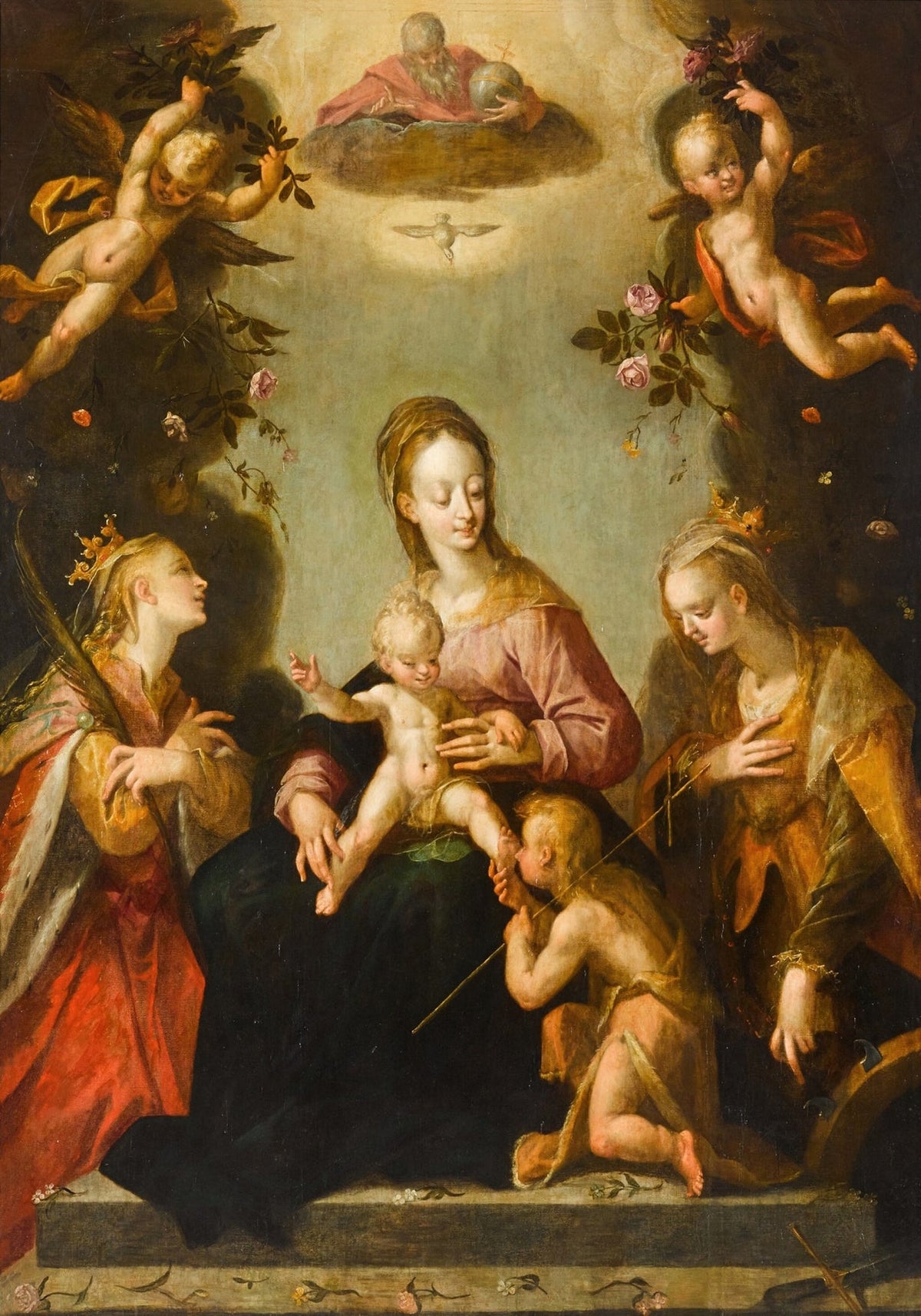 Madonna and Child with the Infant Saint John the Baptist, Saint Catherine of Alexandria, Another Female Martyr Saint, and God the Father by Pieter Fransz. Isaacsz.