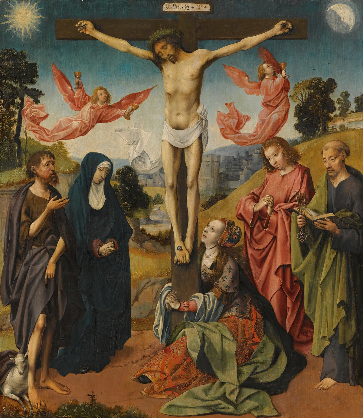 The Crucifixion with the Virgin Mary, Saints Mary Magdalene, John the Baptist, Peter, and an Unidentified Male Saint by Cornelis Engebrechtsz