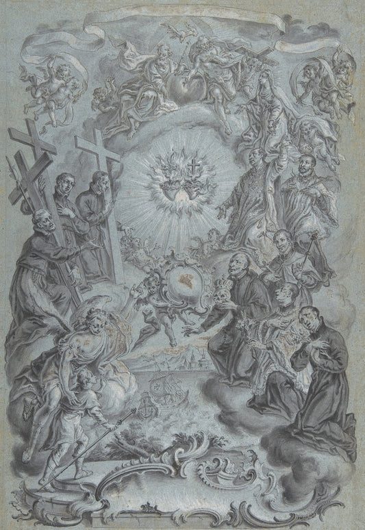 A Study for a Frontispiece the Trinity and Saints Surrounding the Sacred Hearts of Christ and the Virgin Mary a Coastal Landscape Below by Vitus Felix Rigl