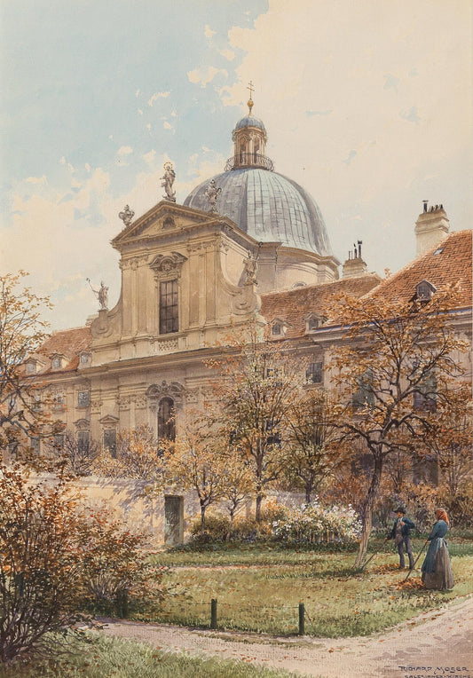 A View of the Church and Monastery of the Visitation of the Virgin Church of the Salesian Sisters a Gardener in the Foreground by Richard Moser