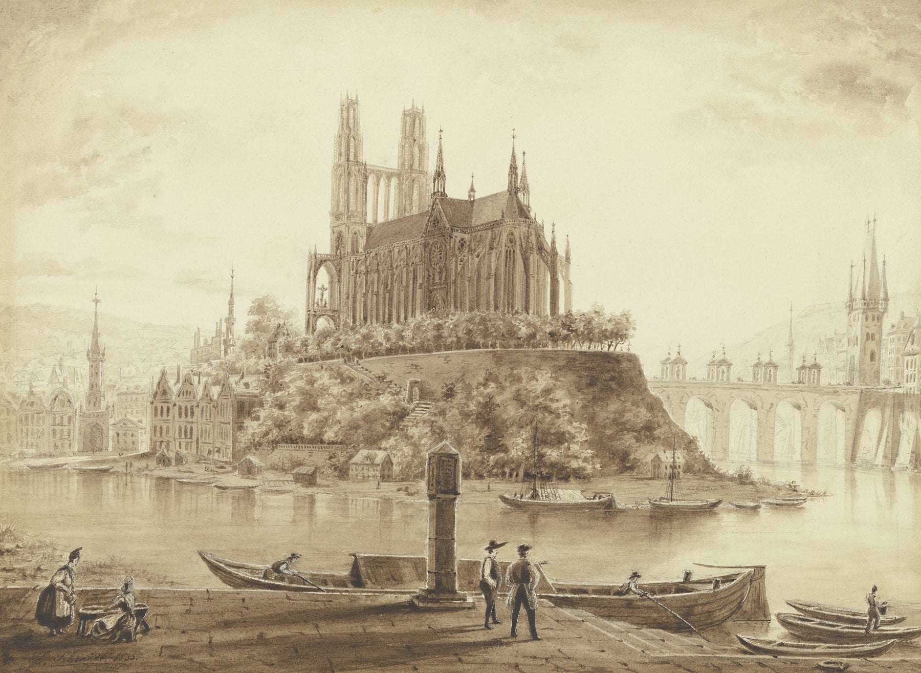 Gotischer Dom Von Einem Flus Umgeben in Einer Stadt by Ludwig Daniel Philipp Schmidt