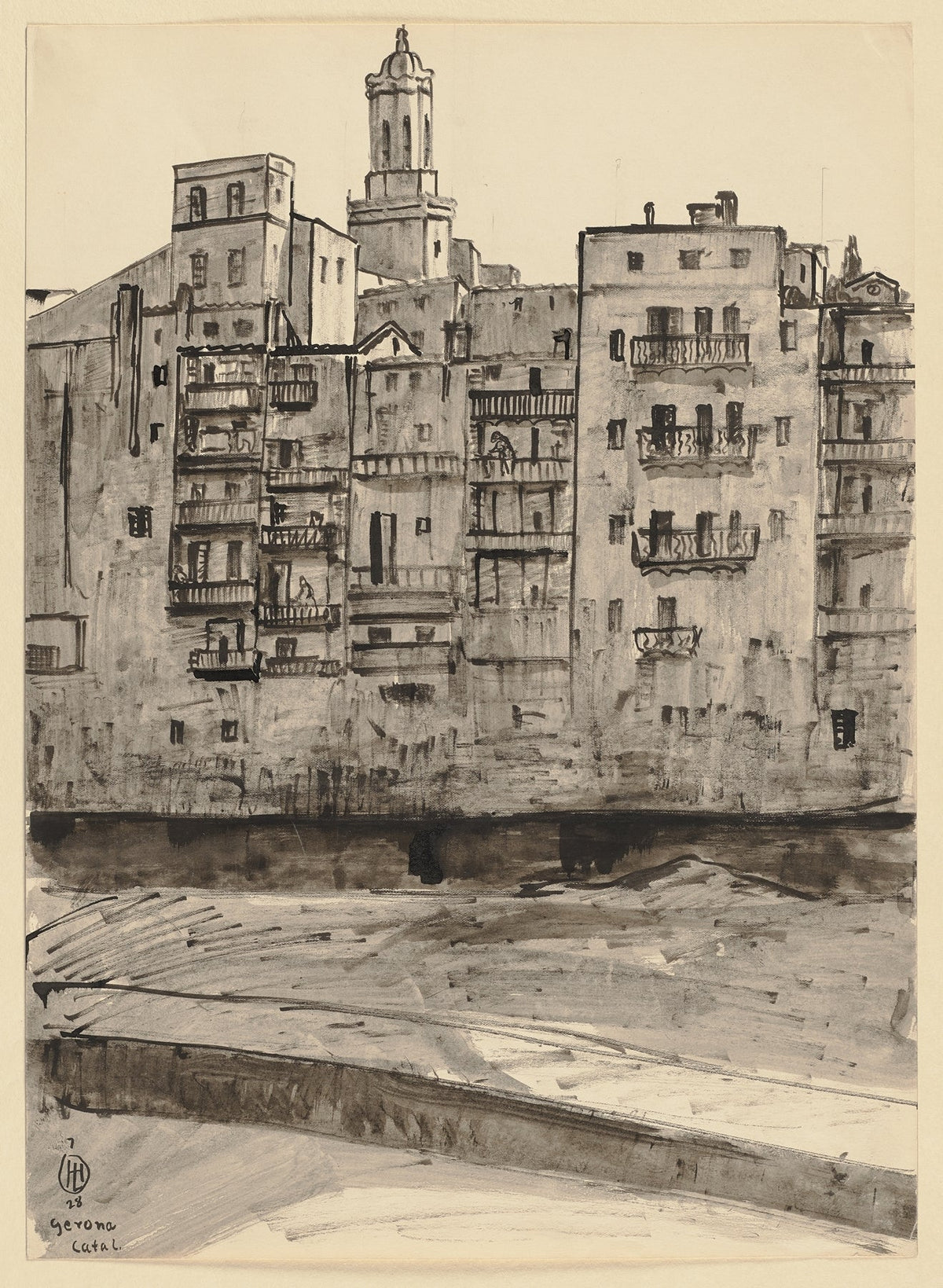 Girona Vom Fluss Aus Gesehen Im Hintergrund Der Turm Der Kathedrale by Hermann Lismann