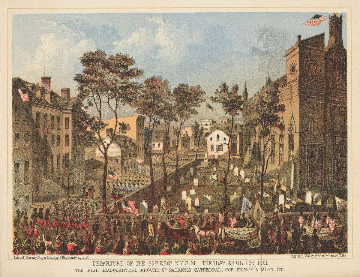 Departure of the 69th Regt N.Y.S.M. Tuesday April 23d 1861. The Irish Headquarters around St. Patricks Cathedral, Cor. Prince & Mott St. Catholic artwork