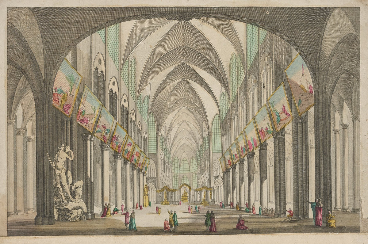 Perspective view of the interior of Notre Dame Cathedral in Paris Catholic artwork