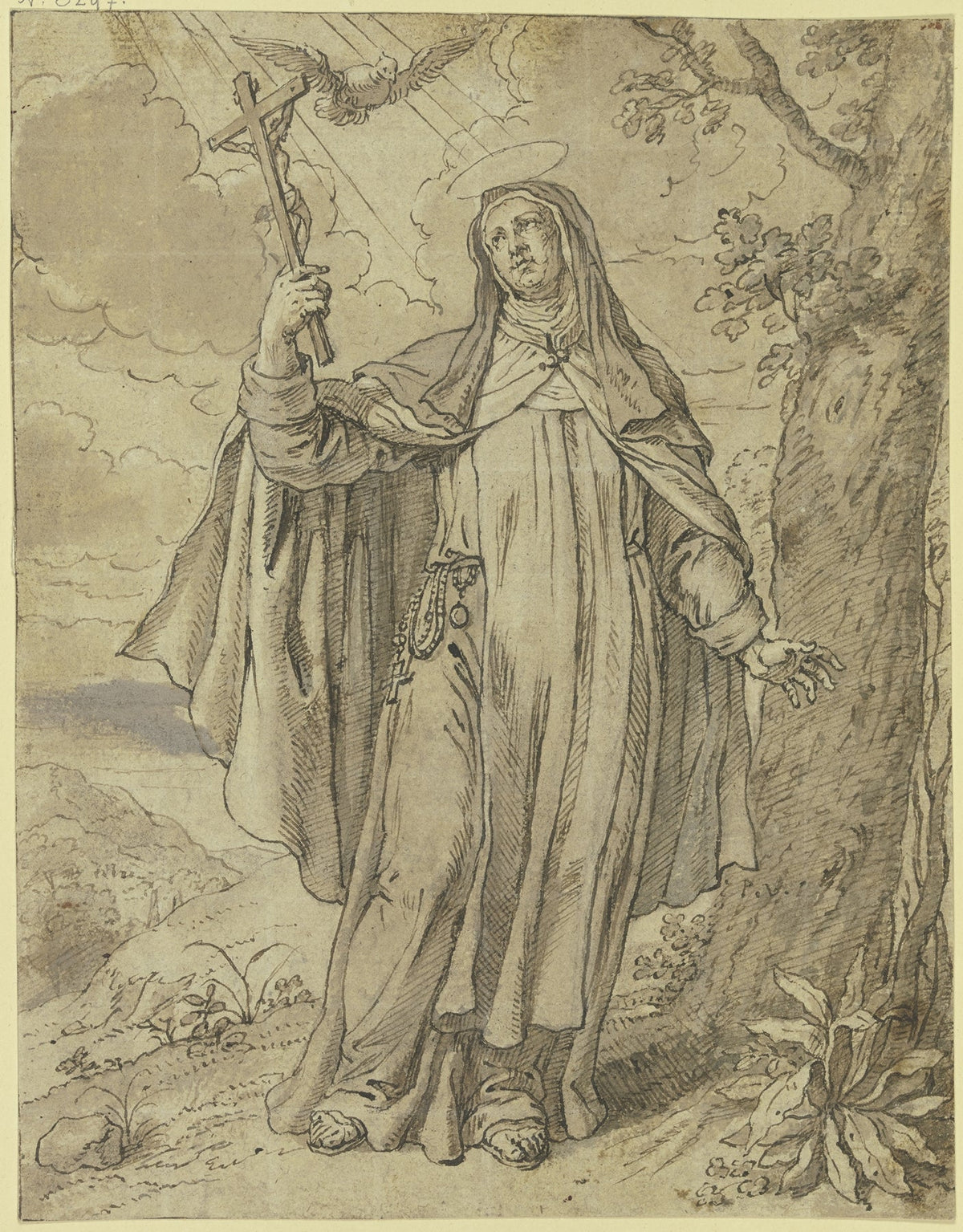 Eine heilige Nonne hält das Kruzifix in der Hand, der Heilige Geist schwebt über ihr, rechts ein Baum Catholic artwork