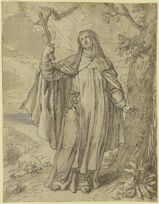 Eine heilige Nonne hält das Kruzifix in der Hand, der Heilige Geist schwebt über ihr, rechts ein Baum Catholic artwork