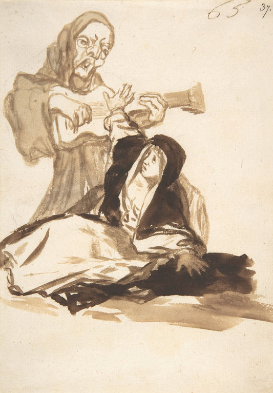 A nun frightened by a ghost playing a guitar Catholic artwork