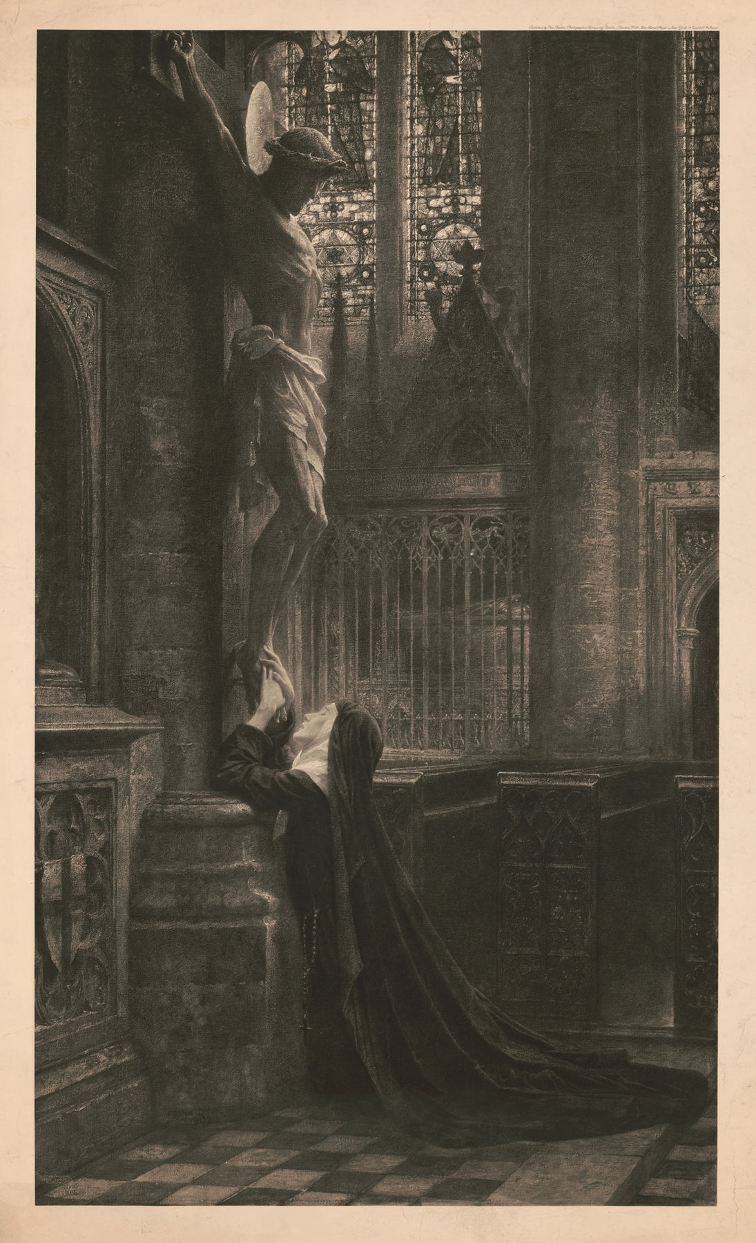 Nun kneeling at the feet of cruxified Jesus Catholic artwork