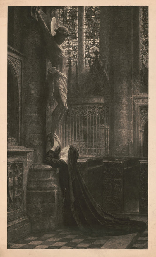 Nun kneeling at the feet of cruxified Jesus Catholic artwork