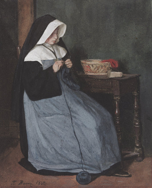 A Nun Seated at a Table Knitting Catholic artwork