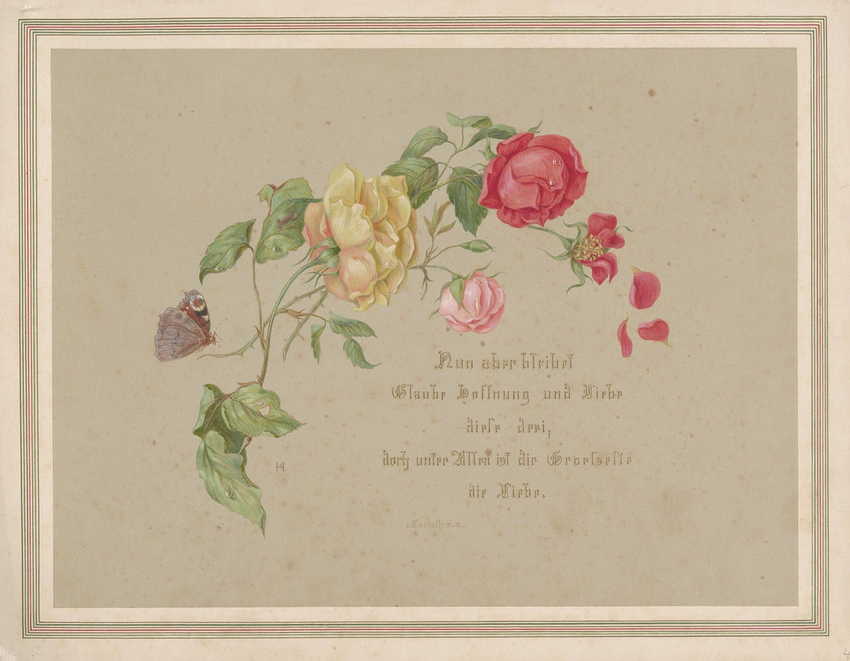 Bible quotation from 1 Corinthians with floral motif Catholic artwork