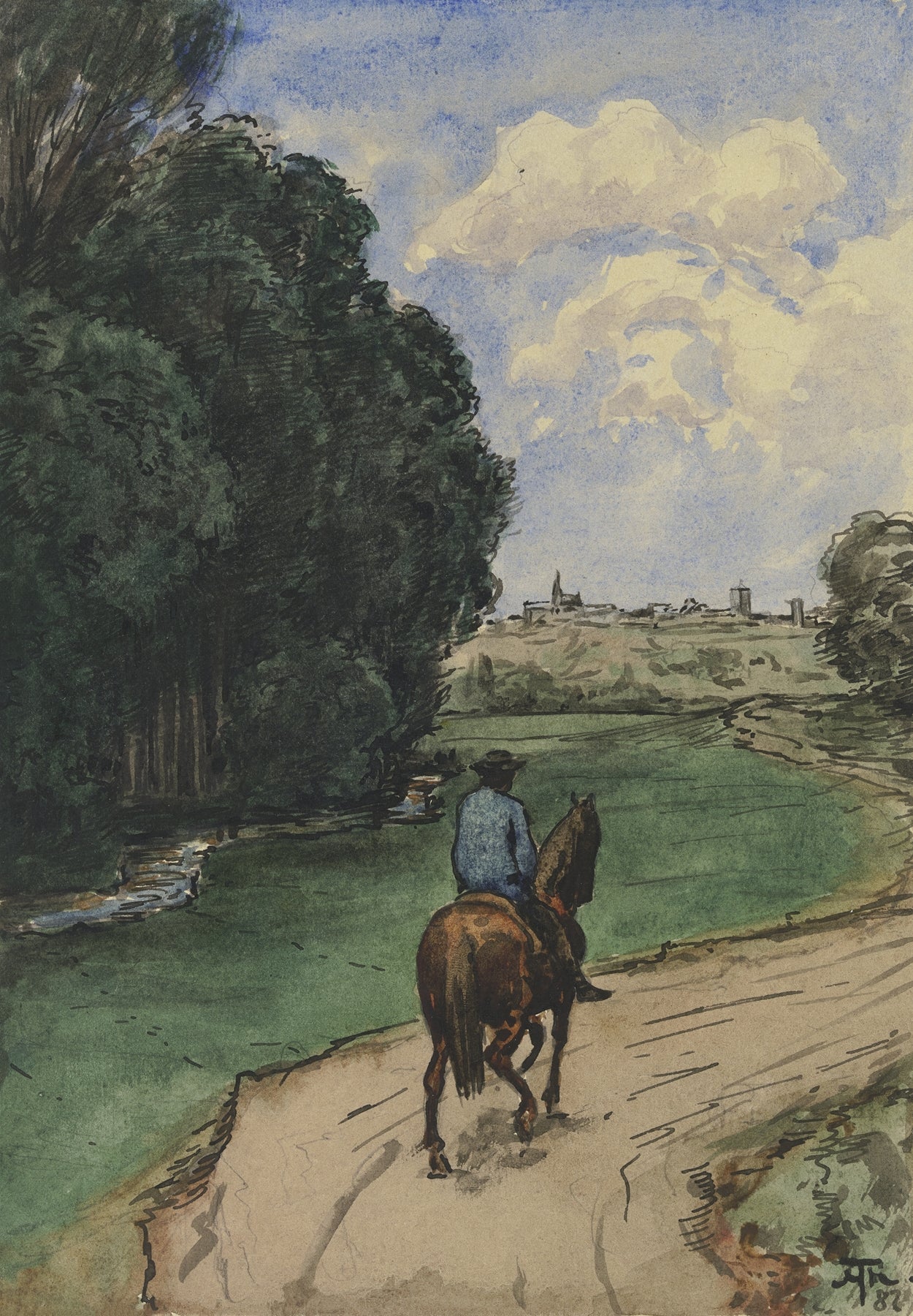 Am Waldesrand. Reiter auf einem Wege, bildeinwärts fine artwork