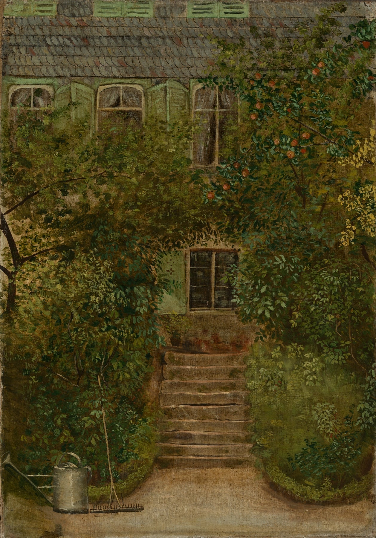 Garten eines Landhauses mit Giesskanne und Rechen fine artwork