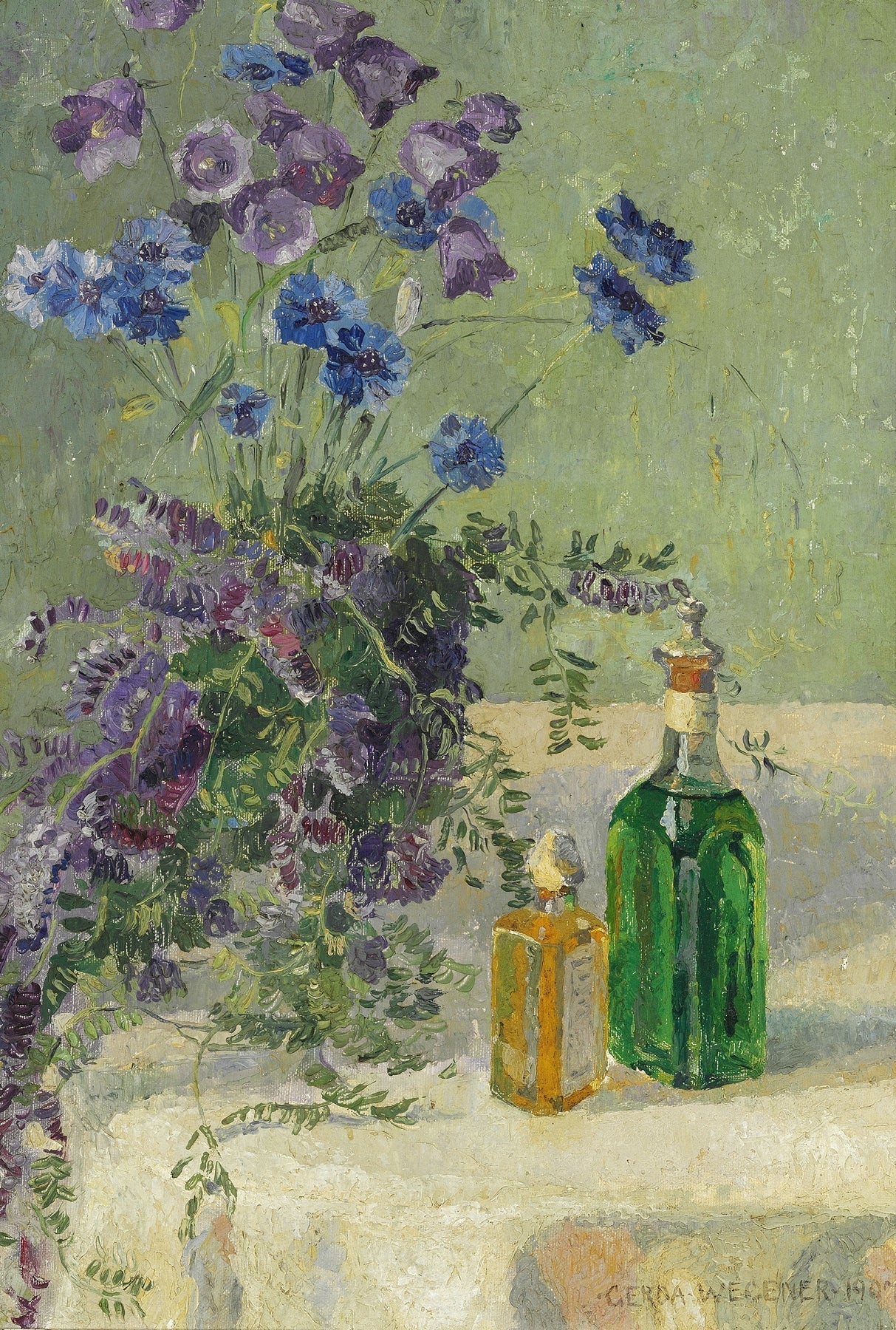 Still life with blue flowers and two bottles on a table fine artwork