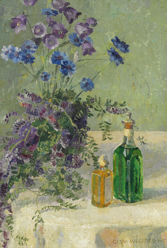 Still life with blue flowers and two bottles on a table fine artwork