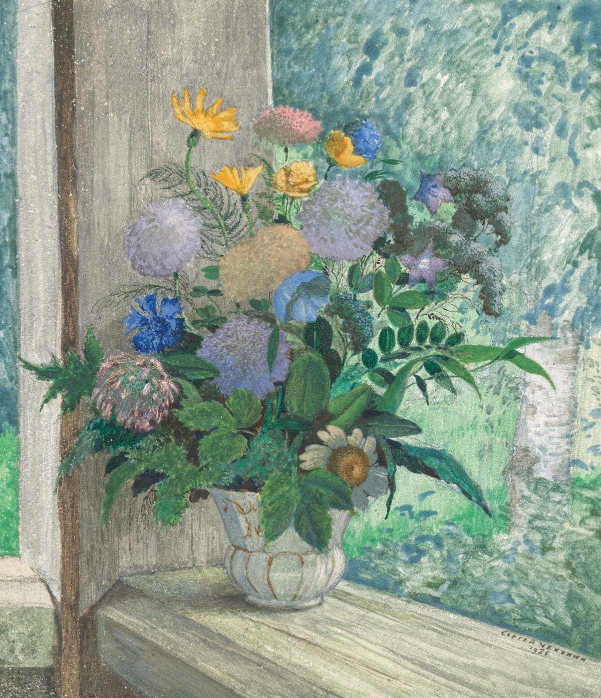 Still life with chrysanthemums, bellflowers, cornflowers and daisies in a white vase fine artwork