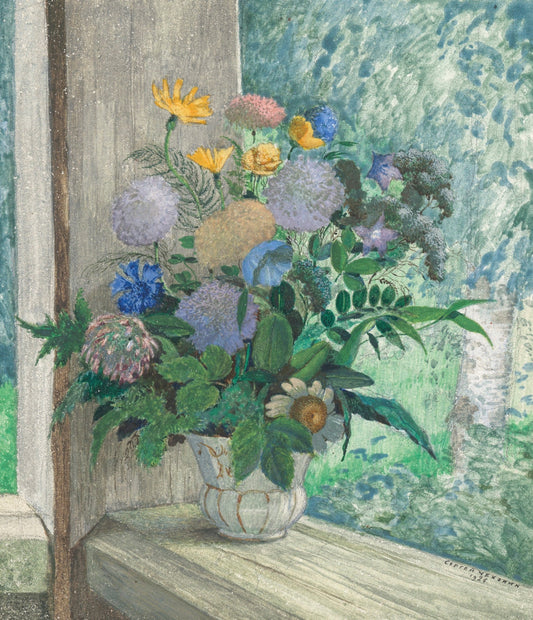 Still life with chrysanthemums, bellflowers, cornflowers and daisies in a white vase fine artwork