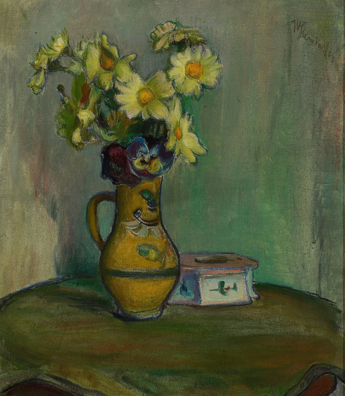 Flowers in a yellow pitcher fine artwork