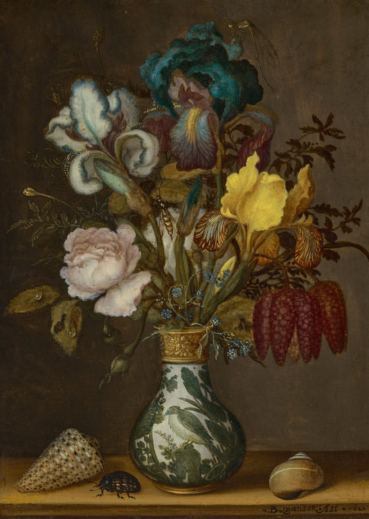 Irises, roses, fritillaries and forget-me-nots in a Wanli vase with two shells and a beetle on a ledge fine artwork