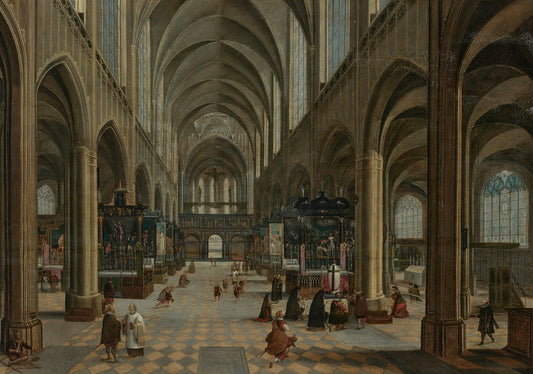 The Interior of Antwerp Cathedral with Figures Attending Mass
