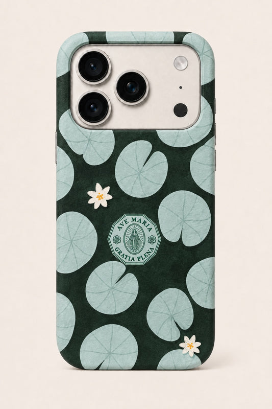 Lily Pond MagSafe phone case with blue lily pads, ivory flowers, and an Ave Maria emblem